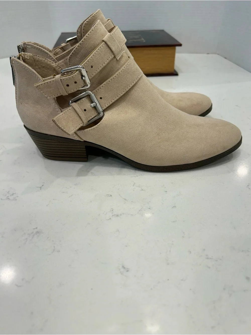 Francesca's Collections Beige Suede Double-Buckle Ankle Booties